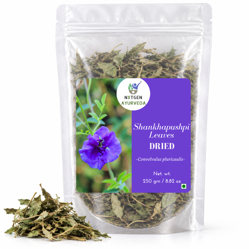 Premium Dried Shankhapushpi Leaves in a transparent stand-up pouch with naturally dried leaves for traditional Ayurvedic and herbal use.