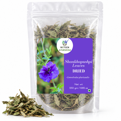 Premium Dried Shankhapushpi Leaves in a transparent stand-up pouch with naturally dried leaves for traditional Ayurvedic and herbal use.