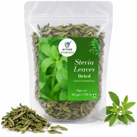 Premium Dried Stevia Leaves in a transparent stand-up pouch with naturally dried stevia leaves for herbal tea, infusions, and natural sweetness.