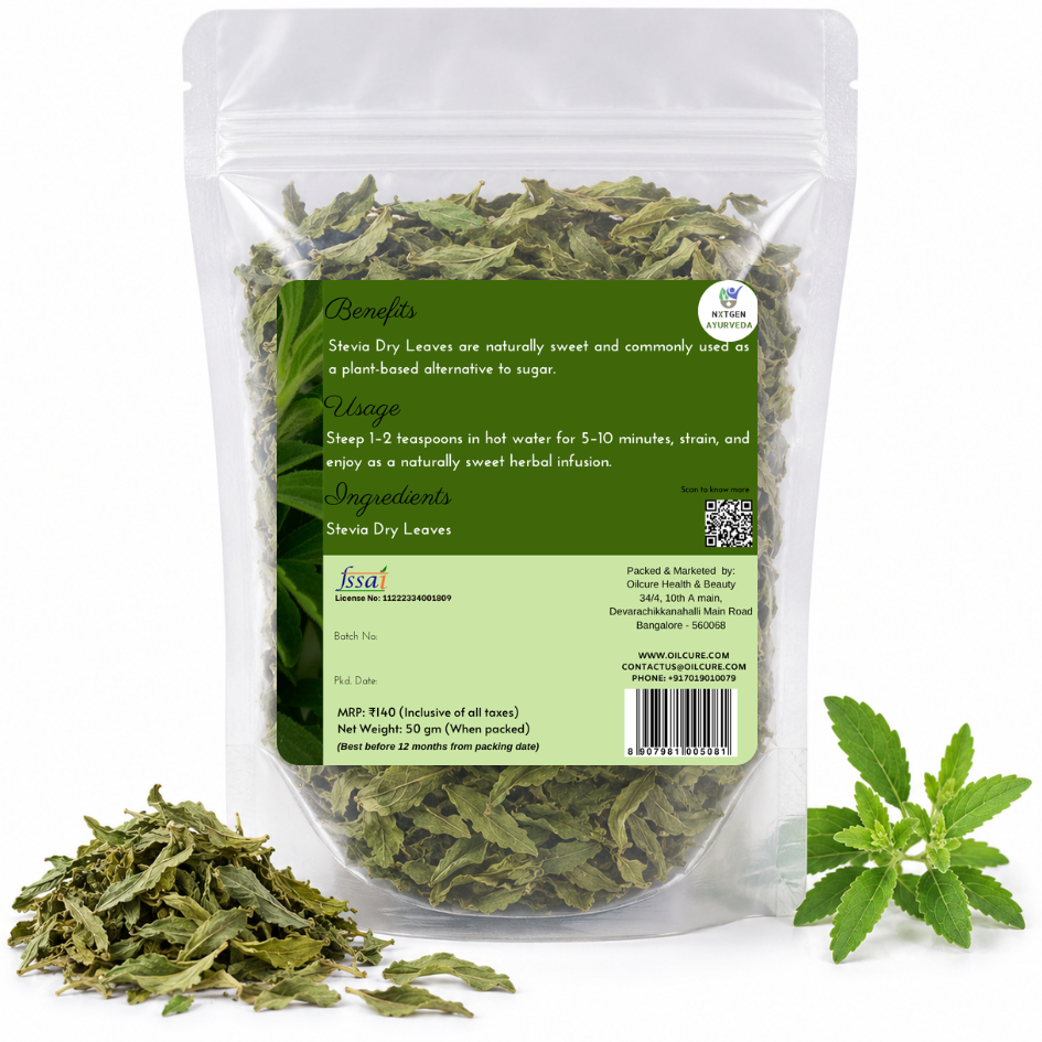 Premium Dried Stevia Leaves in a transparent stand-up pouch with naturally dried stevia leaves for herbal tea, infusions, and natural sweetness.