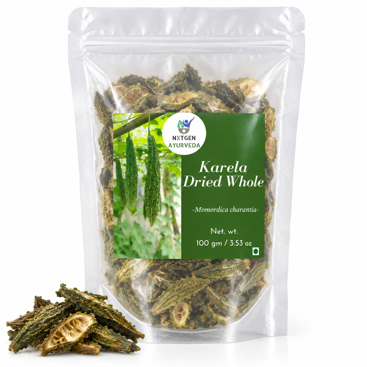 Premium Dried Whole Karela (Bitter Melon) in a transparent stand-up pouch with naturally dried bitter melon pieces for traditional herbal and culinary use.