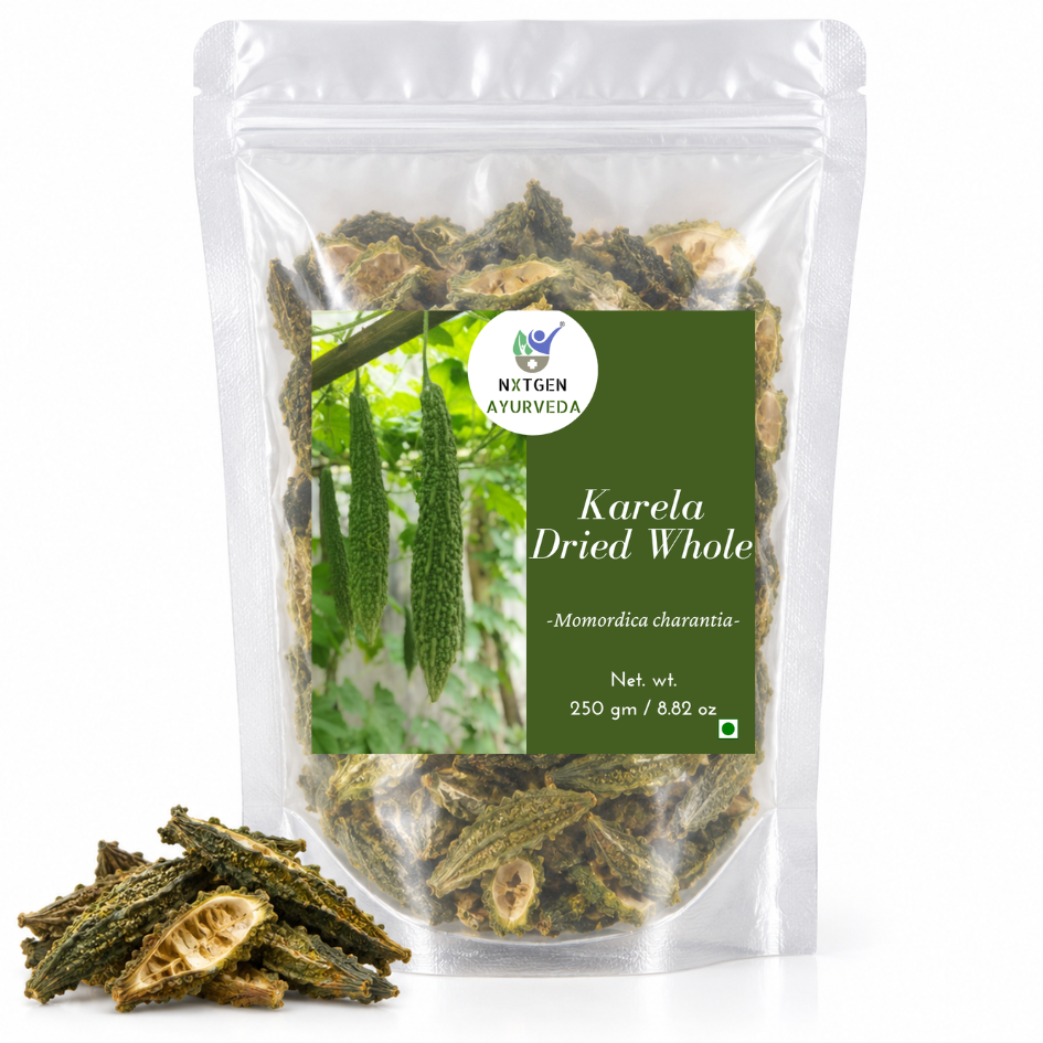 Premium Dried Whole Karela (Bitter Melon) in a transparent stand-up pouch with naturally dried bitter melon pieces for traditional herbal and culinary use.