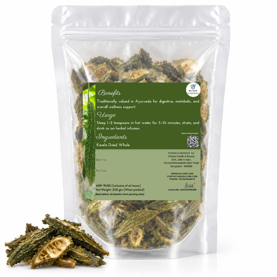 Premium Dried Whole Karela (Bitter Melon) in a transparent stand-up pouch with naturally dried bitter melon pieces for traditional herbal and culinary use.