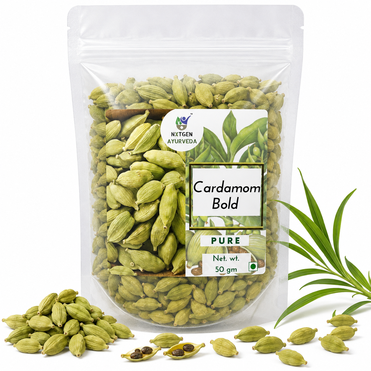 Premium Elaichi (Cardamom) in a transparent stand-up pouch with whole aromatic green cardamom pods for tea, cooking, desserts, and seasoning.