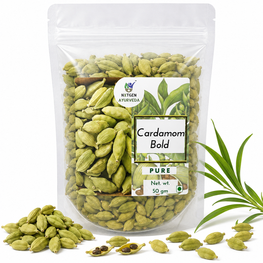 Premium Elaichi (Cardamom) in a transparent stand-up pouch with whole aromatic green cardamom pods for tea, cooking, desserts, and seasoning.