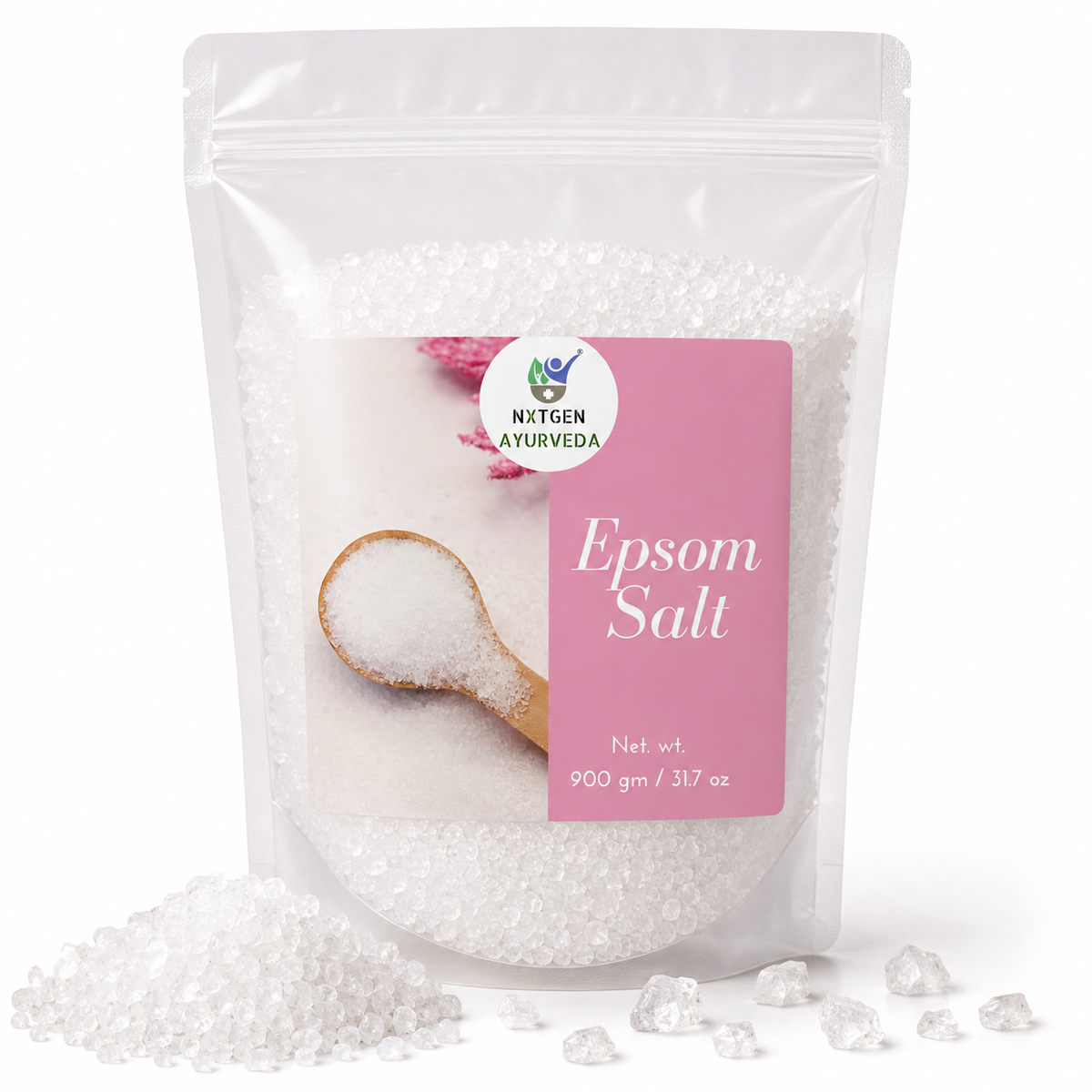 Premium Epsom Salt in a transparent stand-up pouch with fine magnesium sulfate crystals for relaxing baths, foot soaks, and personal care.