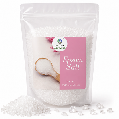 Premium Epsom Salt in a transparent stand-up pouch with fine magnesium sulfate crystals for relaxing baths, foot soaks, and personal care.