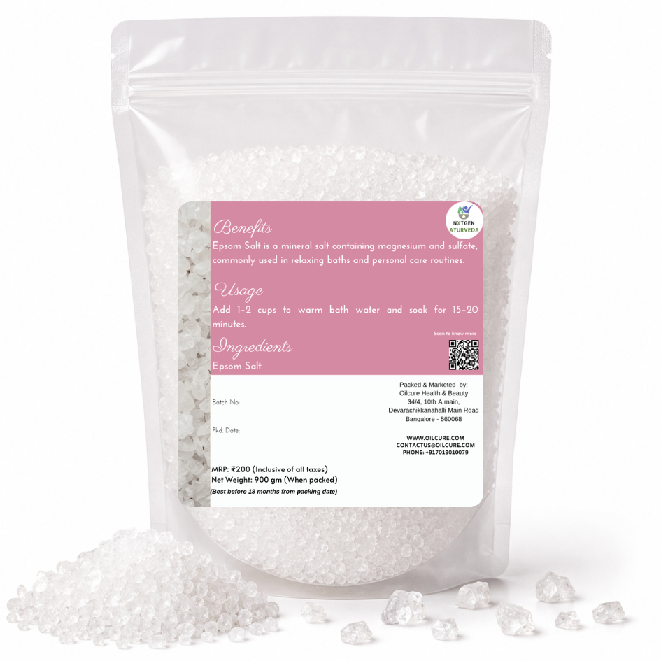 Premium Epsom Salt in a transparent stand-up pouch with fine magnesium sulfate crystals for relaxing baths, foot soaks, and personal care.