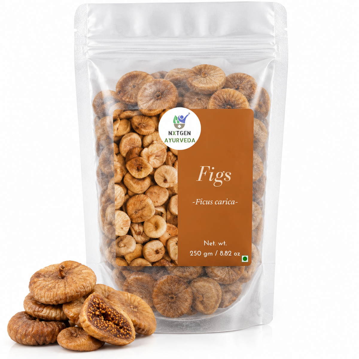 Premium Figs (Anjeer) in a transparent stand-up pouch with naturally dried figs for healthy snacking, baking, and cooking.