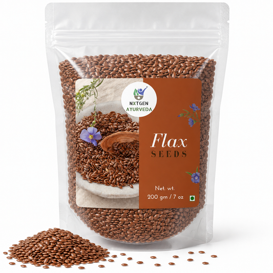 Premium Flax Seeds (Alsi Beej) 200 gms in a transparent stand-up pouch with natural whole flax seeds for healthy cooking, baking, and nutrition.