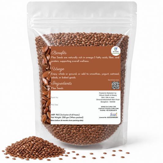 Premium Flax Seeds (Alsi Beej) 200 gms in a transparent stand-up pouch with natural whole flax seeds for healthy cooking, baking, and nutrition.