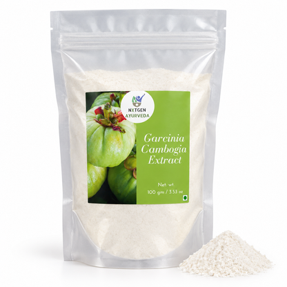 Premium Garcinia Cambogia Extract (White) in a transparent stand-up pouch with fine white extract powder for traditional herbal and wellness use.