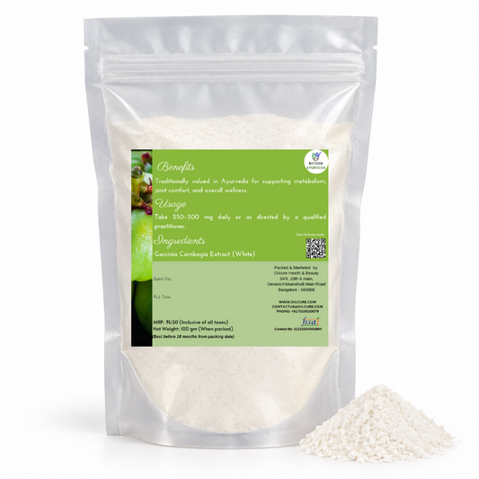Premium Garcinia Cambogia Extract (White) in a transparent stand-up pouch with fine white extract powder for traditional herbal and wellness use.