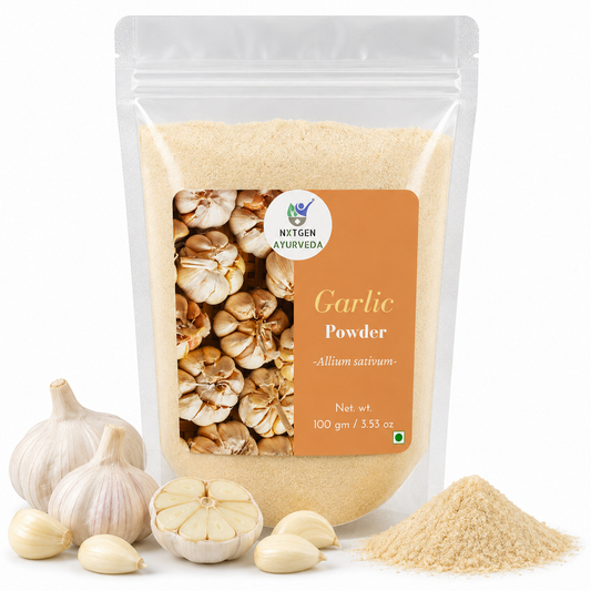 Premium Garlic Powder in a transparent stand-up pouch with finely ground dehydrated garlic for cooking, seasoning, and everyday recipes.