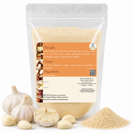 Premium Garlic Powder in a transparent stand-up pouch with finely ground dehydrated garlic for cooking, seasoning, and everyday recipes.