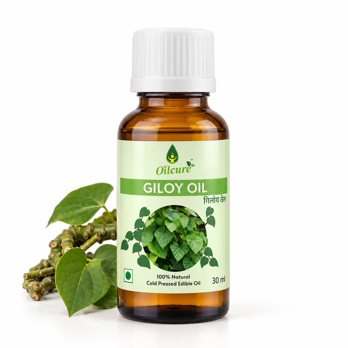 Premium Giloy Oil in a transparent bottle with herbal-infused oil for traditional Ayurvedic wellness and personal care.