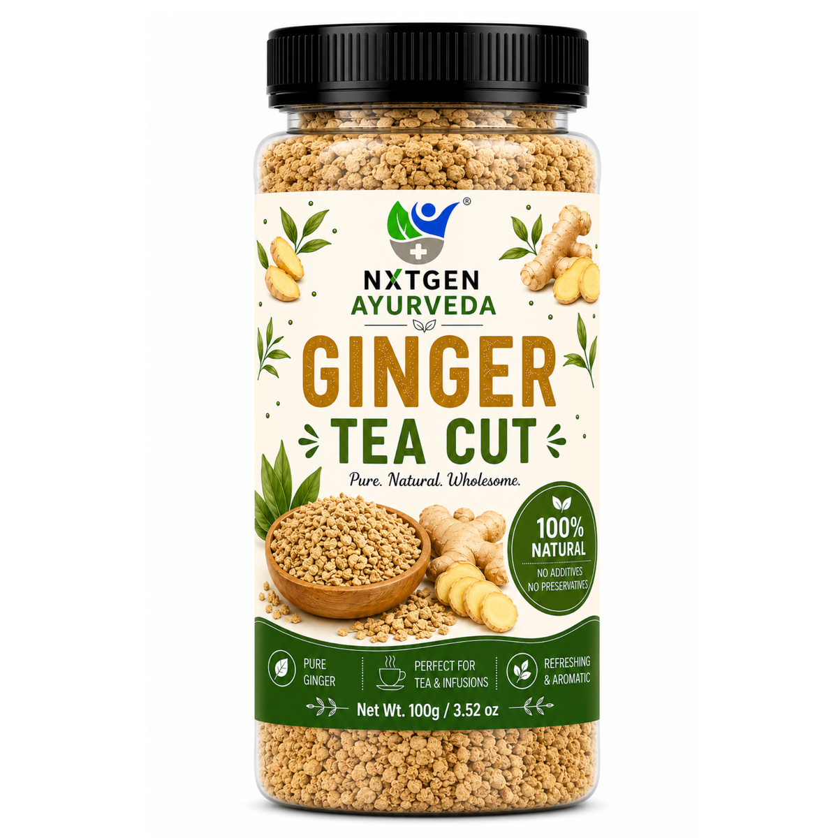 Premium Ginger Tea Cut in a transparent stand-up pouch with naturally dried ginger pieces for warming herbal tea and flavorful infusions.