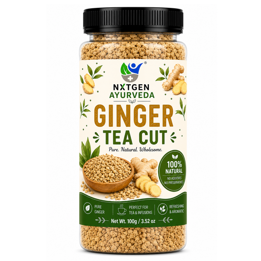 Premium Ginger Tea Cut in a transparent stand-up pouch with naturally dried ginger pieces for warming herbal tea and flavorful infusions.