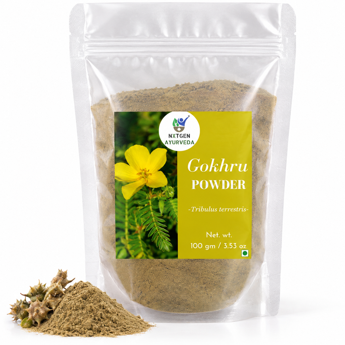Premium Gokhru Powder in a transparent stand-up pouch with finely ground dried Gokhru for traditional Ayurvedic and herbal use.