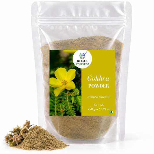 Premium Gokhru Powder in a transparent stand-up pouch with finely ground dried Gokhru for traditional Ayurvedic and herbal use.