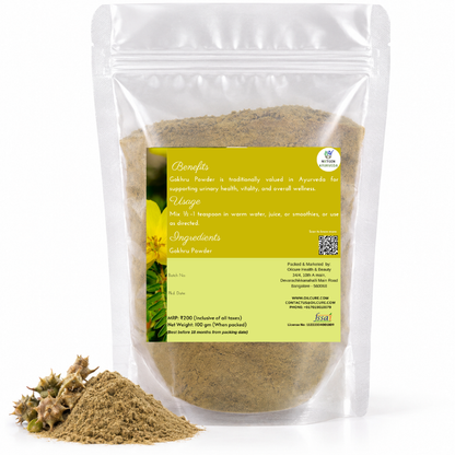 Premium Gokhru Powder in a transparent stand-up pouch with finely ground dried Gokhru for traditional Ayurvedic and herbal use.