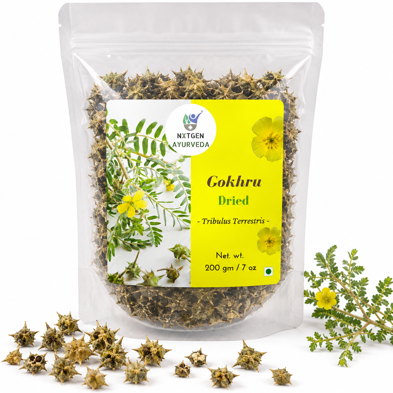 Premium Gokhru (Small Caltrop) in a transparent stand-up pouch with natural dried gokhru for traditional Ayurvedic herbal use.