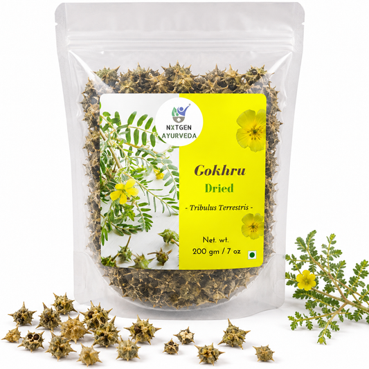 Premium Gokhru (Small Caltrop) in a transparent stand-up pouch with natural dried gokhru for traditional Ayurvedic herbal use.