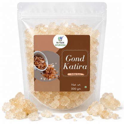Premium Gond Katira in a transparent stand-up pouch with natural edible gum crystals for traditional beverages, desserts, and culinary use.