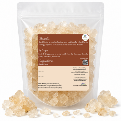 Premium Gond Katira in a transparent stand-up pouch with natural edible gum crystals for traditional beverages, desserts, and culinary use.