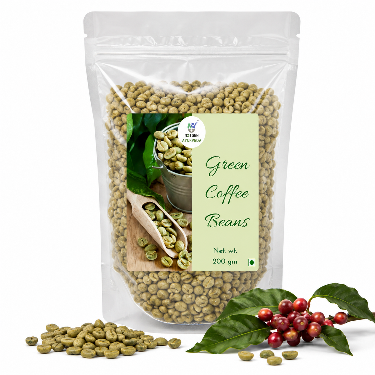 Premium Green Coffee Beans in a transparent stand-up pouch with whole unroasted coffee beans for brewing, roasting, and wellness beverages.