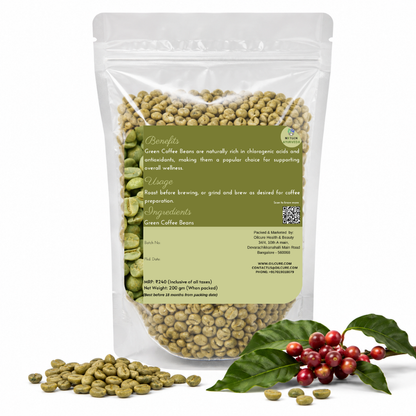Premium Green Coffee Beans in a transparent stand-up pouch with whole unroasted coffee beans for brewing, roasting, and wellness beverages.