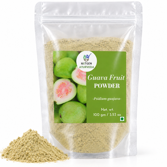 Premium Guava Fruit Powder in a transparent stand-up pouch with finely ground dried guava fruit for smoothies, beverages, culinary use, and everyday wellness.