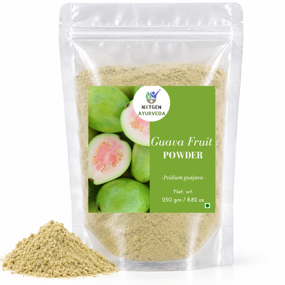 Premium Guava Fruit Powder in a transparent stand-up pouch with finely ground dried guava fruit for smoothies, beverages, culinary use, and everyday wellness.
