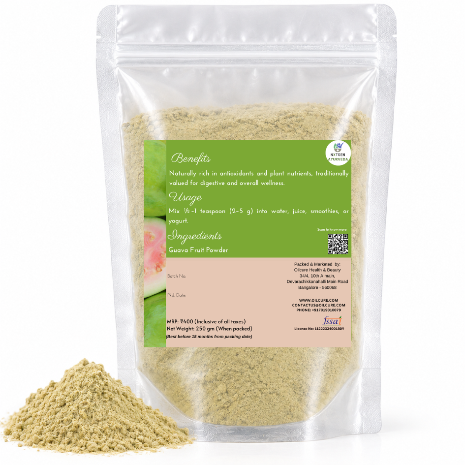 Premium Guava Fruit Powder in a transparent stand-up pouch with finely ground dried guava fruit for smoothies, beverages, culinary use, and everyday wellness.