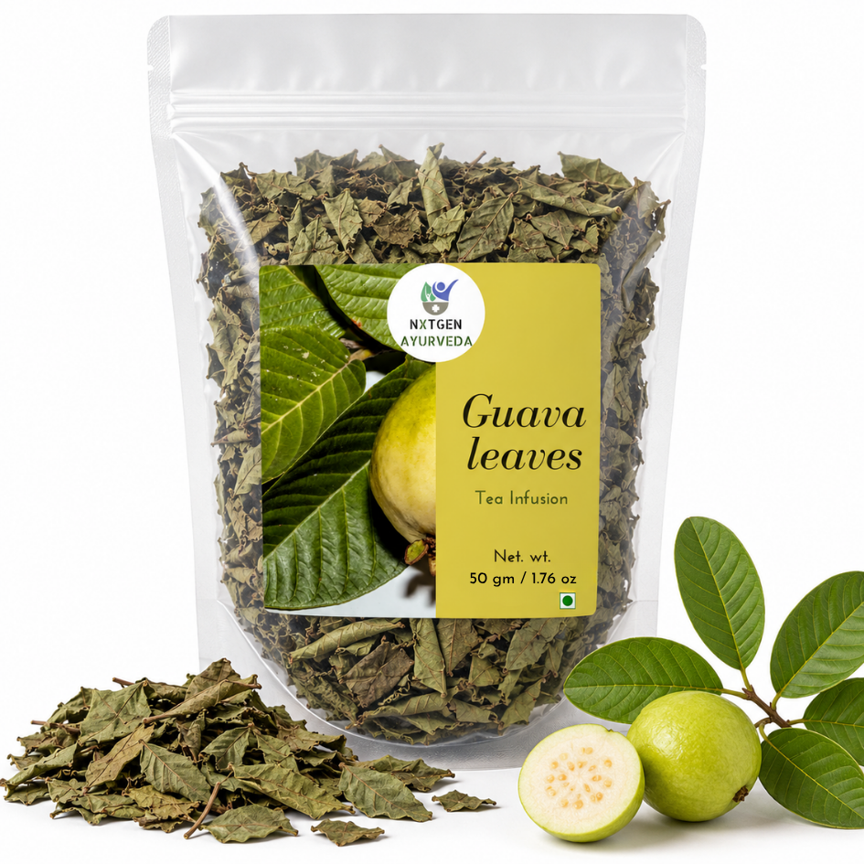 Premium Guava Leaves Tea Infusion in a transparent stand-up pouch with dried guava leaves for a refreshing herbal tea and wellness beverage.