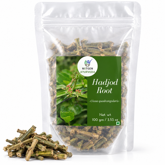Premium Hadjod Root in a transparent stand-up pouch with naturally dried herbal roots for traditional Ayurvedic and herbal use.