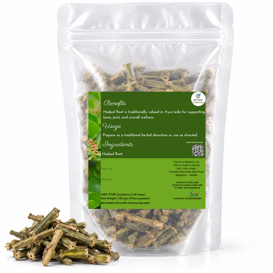 Premium Hadjod Root in a transparent stand-up pouch with naturally dried herbal roots for traditional Ayurvedic and herbal use.