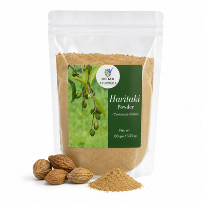 Premium Haritaki Powder in a transparent stand-up pouch with finely ground Terminalia chebula powder for traditional Ayurvedic wellness.