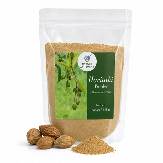 Premium Haritaki Powder in a transparent stand-up pouch with finely ground Terminalia chebula powder for traditional Ayurvedic wellness.