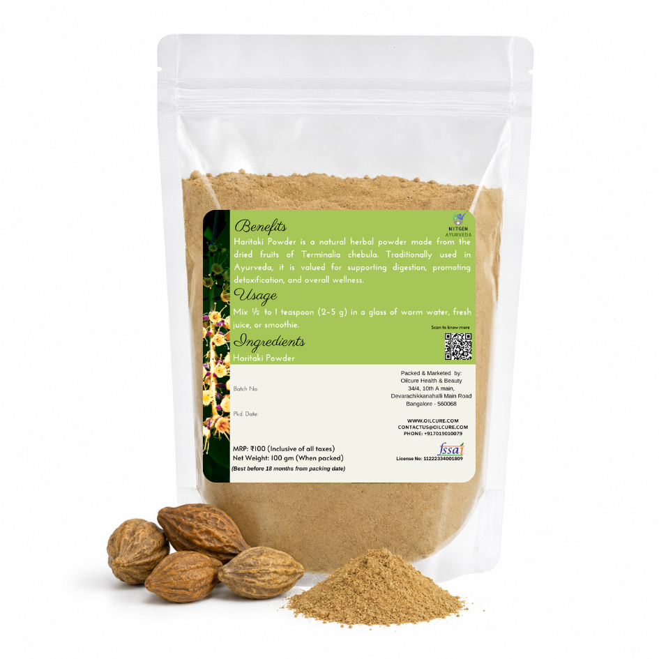 Premium Haritaki Powder in a transparent stand-up pouch with finely ground Terminalia chebula powder for traditional Ayurvedic wellness.