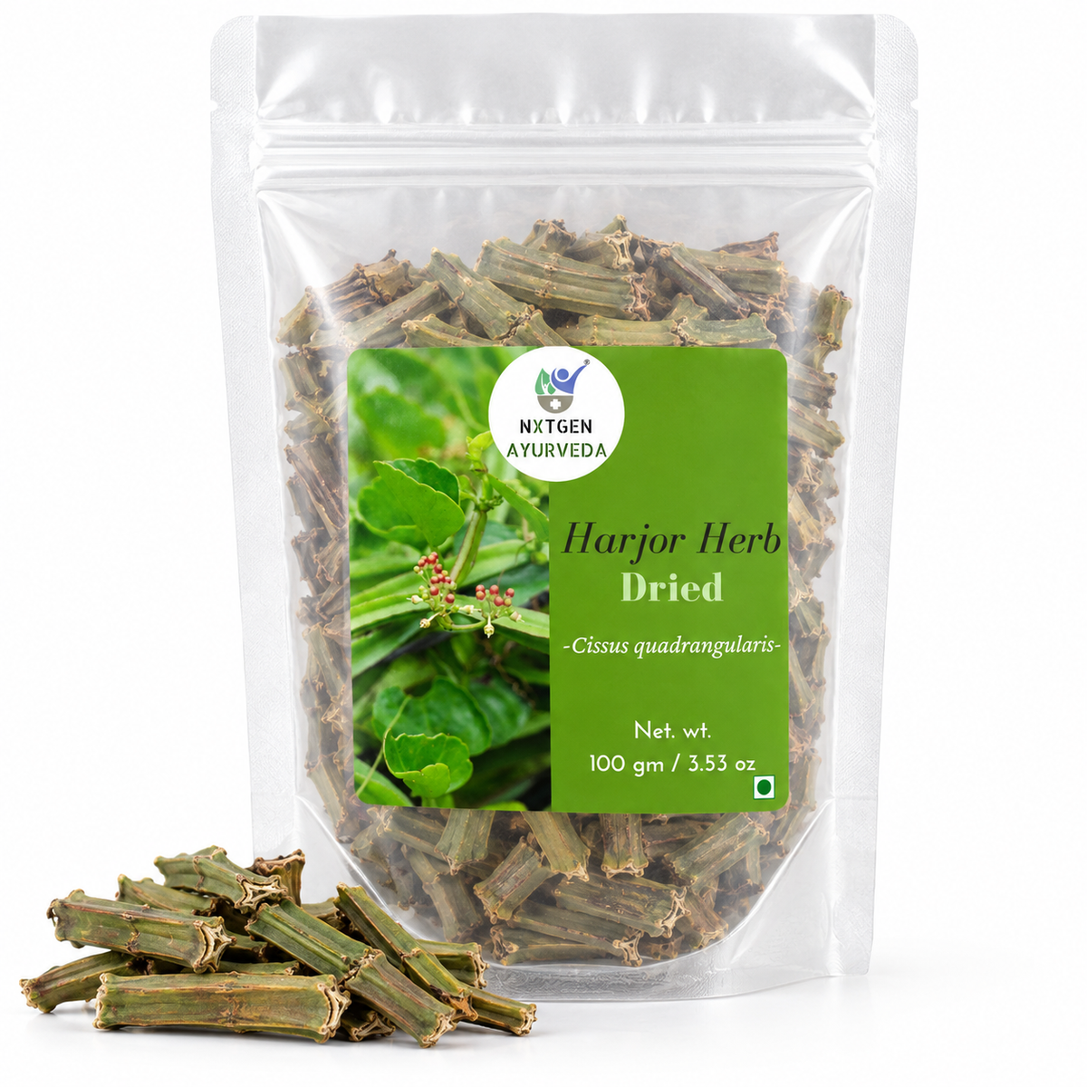 Premium Dried Harjor Herb 100 gms in a transparent stand-up pouch with naturally dried Harjor stems for traditional Ayurvedic and herbal use.