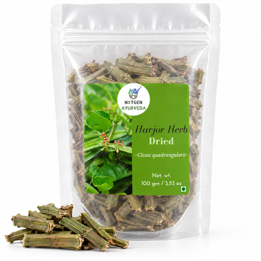 Premium Dried Harjor Herb 100 gms in a transparent stand-up pouch with naturally dried Harjor stems for traditional Ayurvedic and herbal use.
