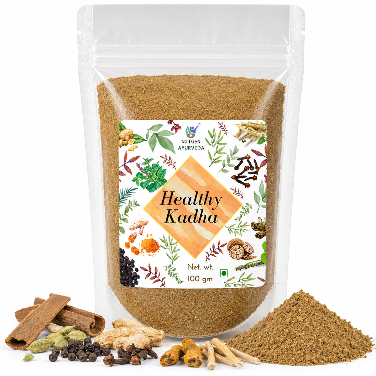 Premium Healthy Kadha blend in a transparent stand-up pouch with an aromatic mix of traditional herbs and spices for a warm herbal beverage.