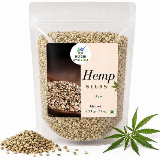 Premium Hemp Seeds 200 gms in a transparent stand-up pouch with natural whole hemp seeds for healthy snacking, smoothies, salads, and cooking.
