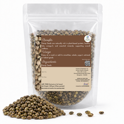 Premium Hemp Seeds 200 gms in a transparent stand-up pouch with natural whole hemp seeds for healthy snacking, smoothies, salads, and cooking.
