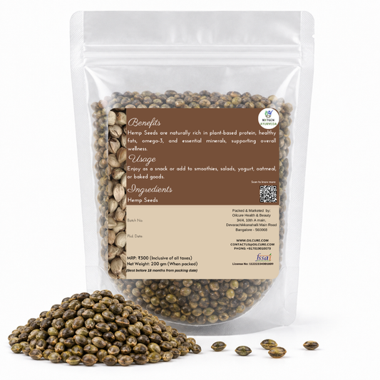 Premium Hemp Seeds 200 gms in a transparent stand-up pouch with natural whole hemp seeds for healthy snacking, smoothies, salads, and cooking.
