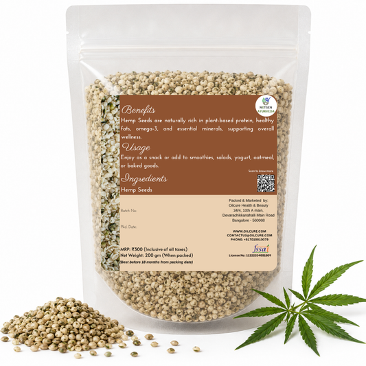 Premium Hemp Seeds 200 gms in a transparent stand-up pouch with natural whole hemp seeds for healthy snacking, smoothies, salads, and cooking.
