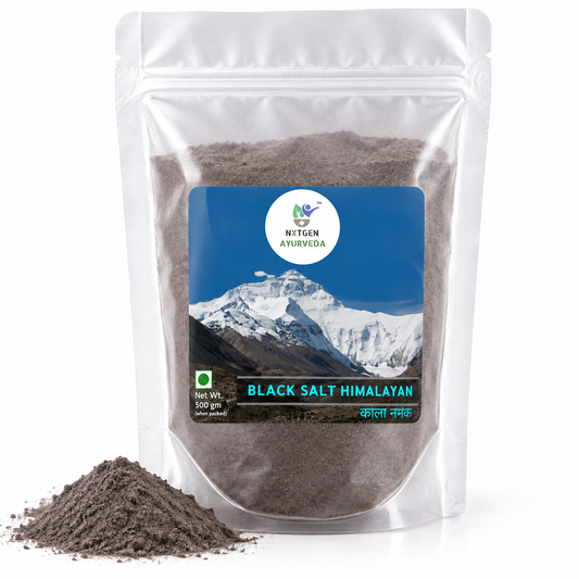 Premium Himalayan Black Salt in a transparent stand-up pouch with natural dark salt crystals for seasoning, cooking, and traditional Indian recipes.