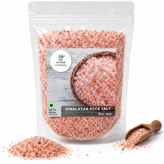 Premium Himalayan Rock Salt in a transparent stand-up pouch with natural pale pink salt granules for cooking, seasoning, and everyday use.