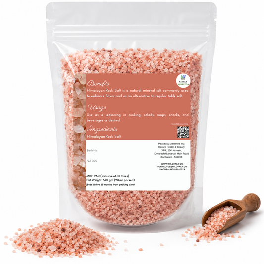 Premium Himalayan Rock Salt in a transparent stand-up pouch with natural pale pink salt granules for cooking, seasoning, and everyday use.
